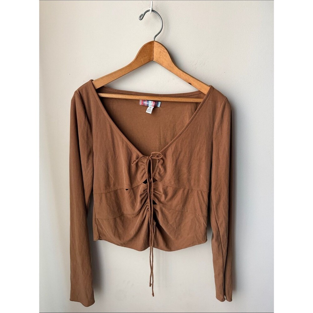 Urban Outfitters Brown Ribbed Ruched Tie Front Long Sleeve Top